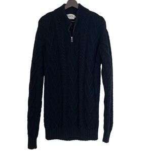 SAOL Irish Fisherman Sweater Men's 1/4 Zip Cable Knit 100% Merino Wool Navy Blue
